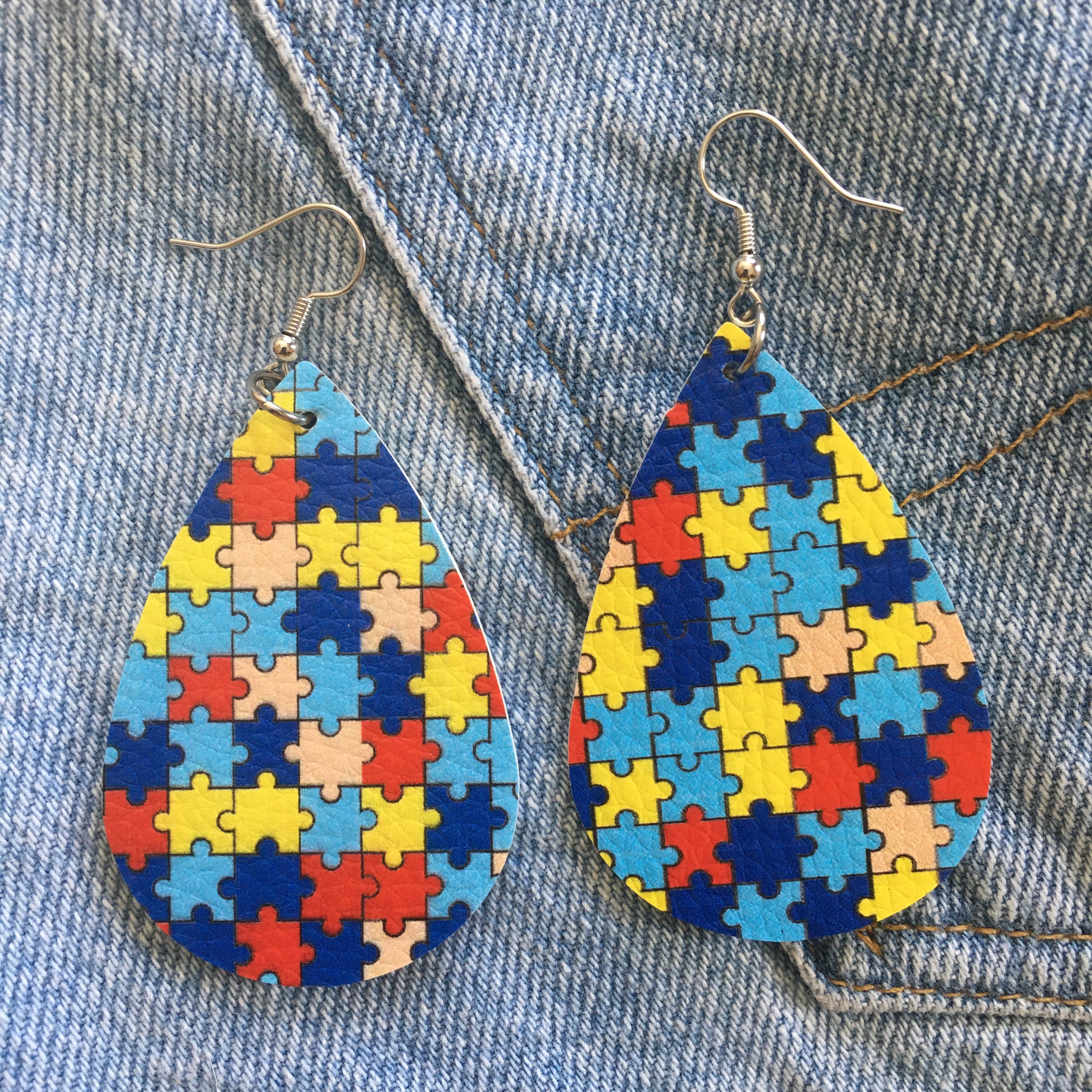 "Autism Awareness" Puzzle Pieces Faux Leather Earrings, Handcrafted