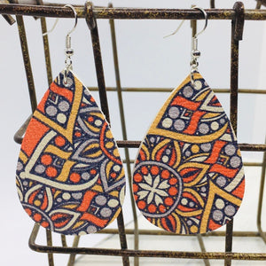 "Patrice" Boho Chic Floral Paisley Faux Leather Earrings--Orange & Gold
