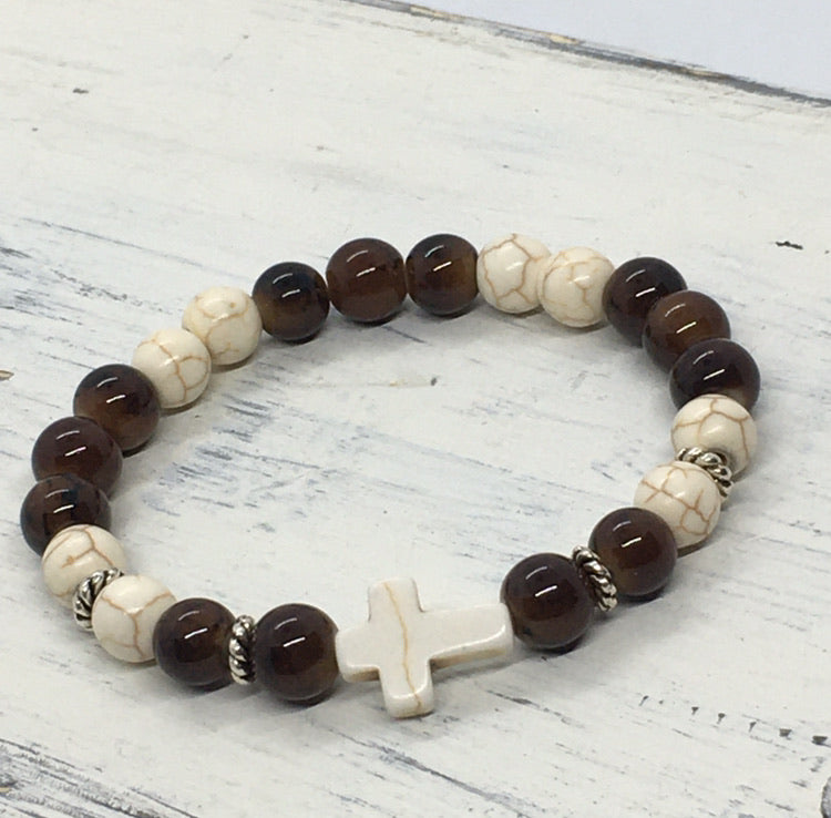 "Christian" Stretch Beaded Cross Faith Statement Bracelet—Handcrafted
