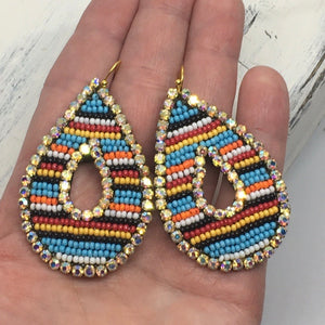 "Crystal" Rhinestones & Stripes Seed Bead Cutout Teardrop Statement Earrings--Handmade