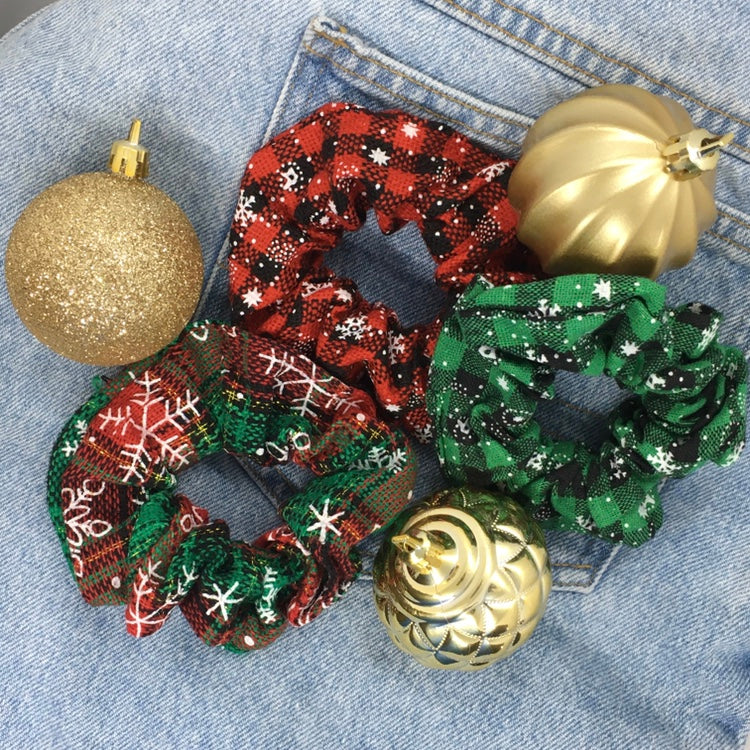 "Holiday Plaid" Red & Green Hair Scrunchies--Set of 3 Large