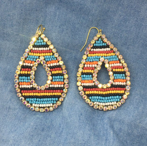 "Crystal" Rhinestones & Stripes Seed Bead Cutout Teardrop Statement Earrings--Handmade