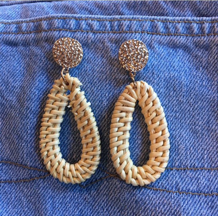 "Rosalind" Teardrop Rattan Dangle Statement Post Earrings--Handmade