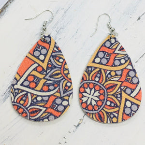 "Patrice" Boho Chic Floral Paisley Faux Leather Earrings--Orange & Gold