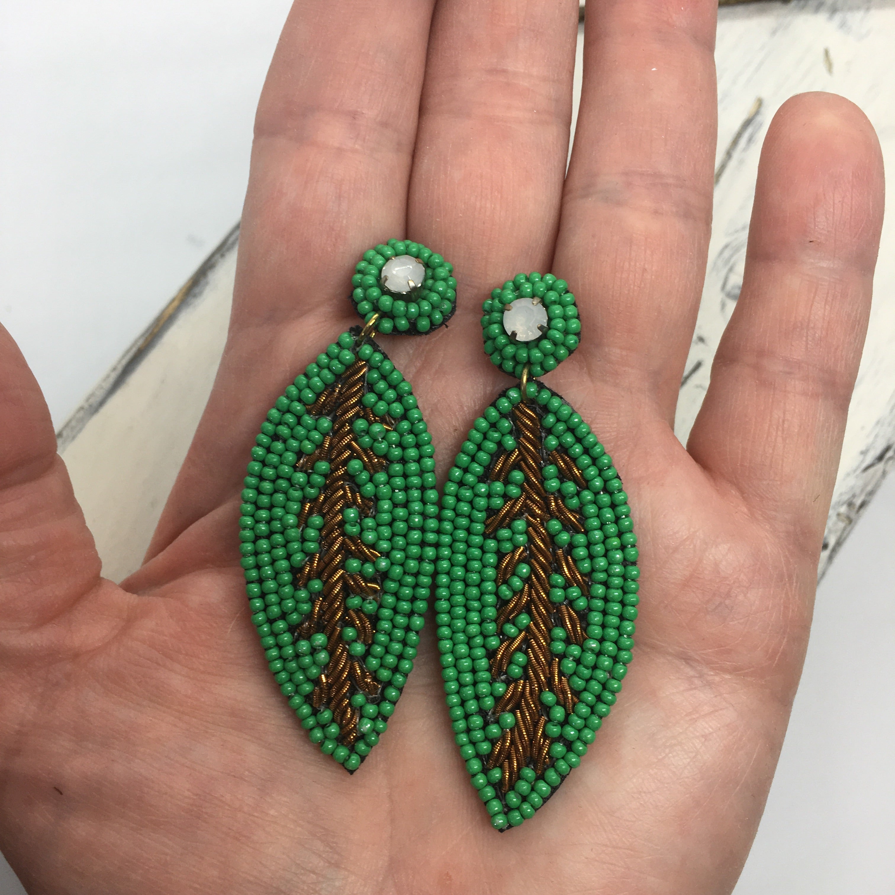 "Plant Life" Leaf Seed Bead Statement Earrings--Handcrafted