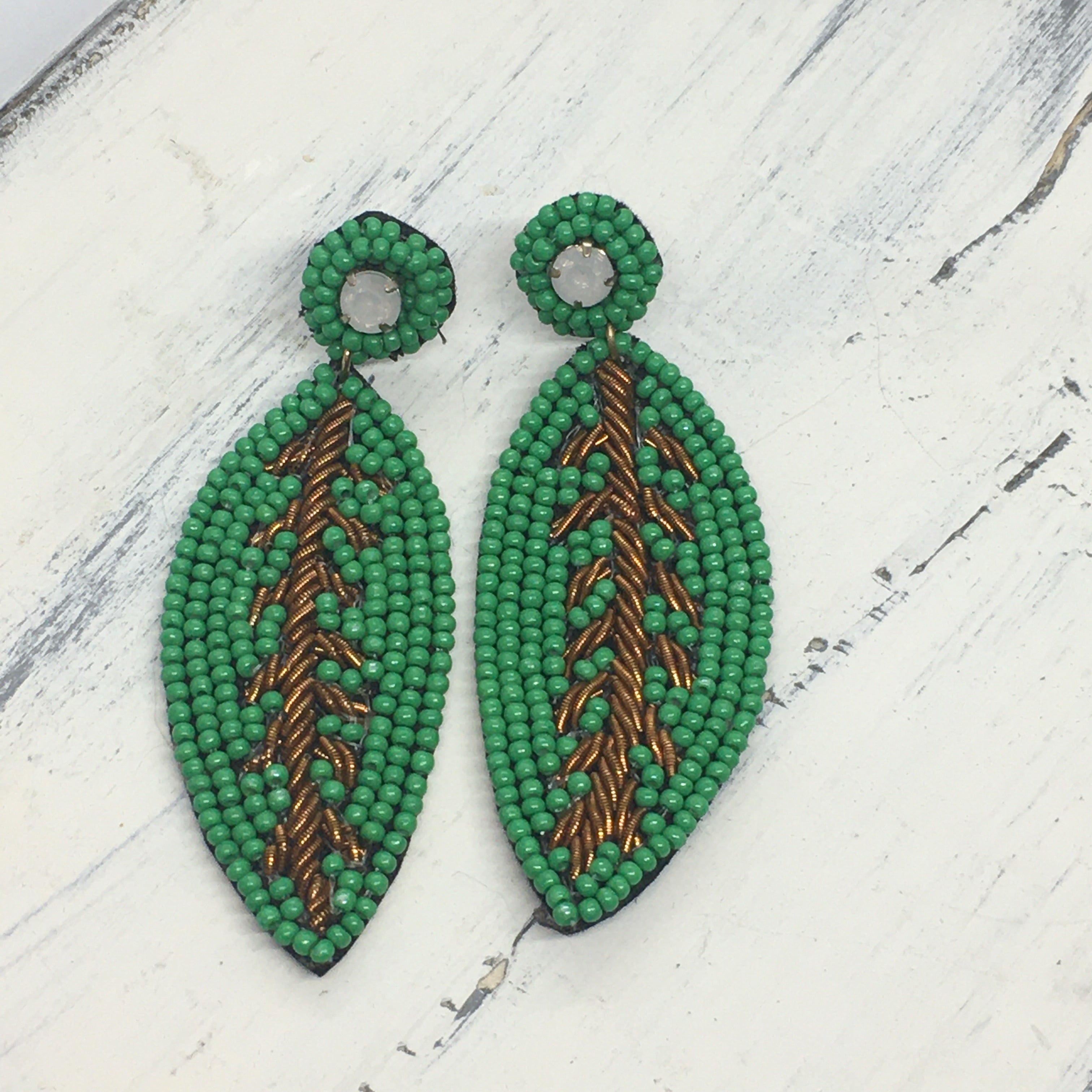 "Plant Life" Leaf Seed Bead Statement Earrings--Handcrafted