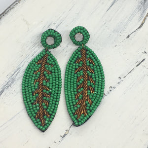 "Plant Life" Leaf Seed Bead Statement Earrings--Handcrafted