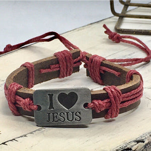 "I Love Jesus" Rustic Leather Statement Bracelet