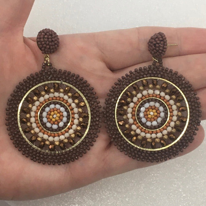 "First Prize" Seed Bead Medallion Statement Earrings, Handmade--Brown