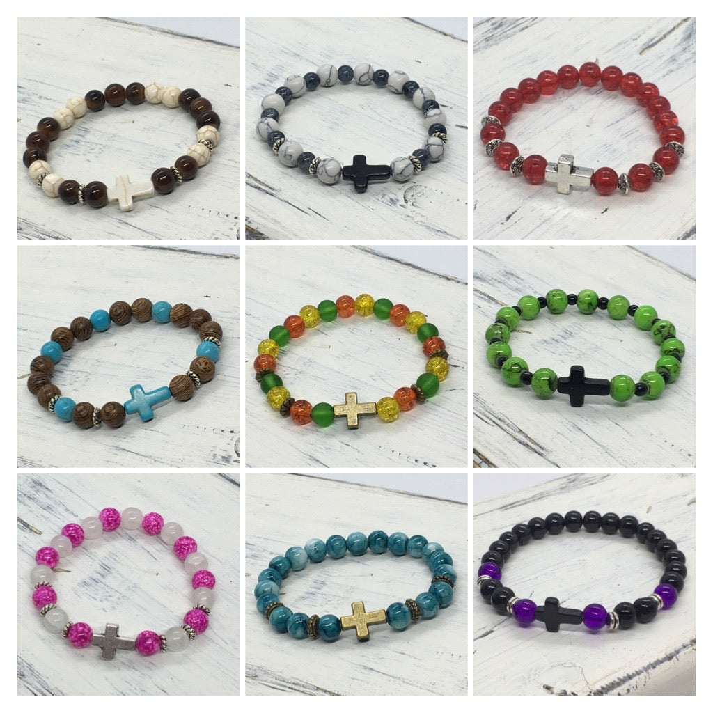 "Christian" Stretch Beaded Cross Faith Statement Bracelet—Handcrafted
