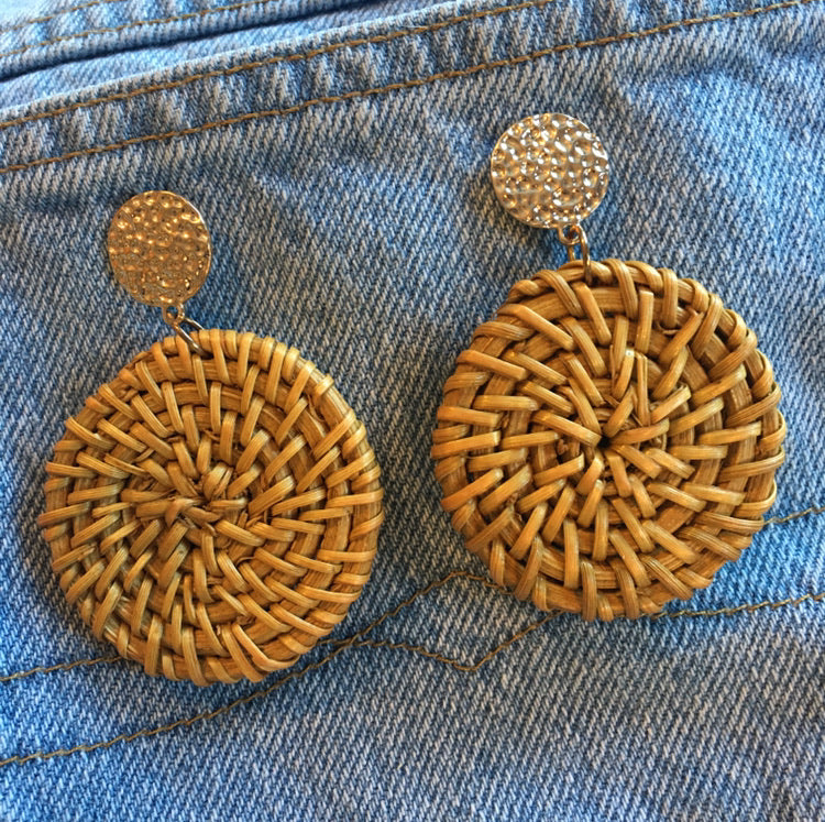 "Rosalind" Round Disk Rattan Drop Statement Post Earrings