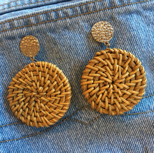 "Rosalind" Round Disk Rattan Drop Statement Post Earrings