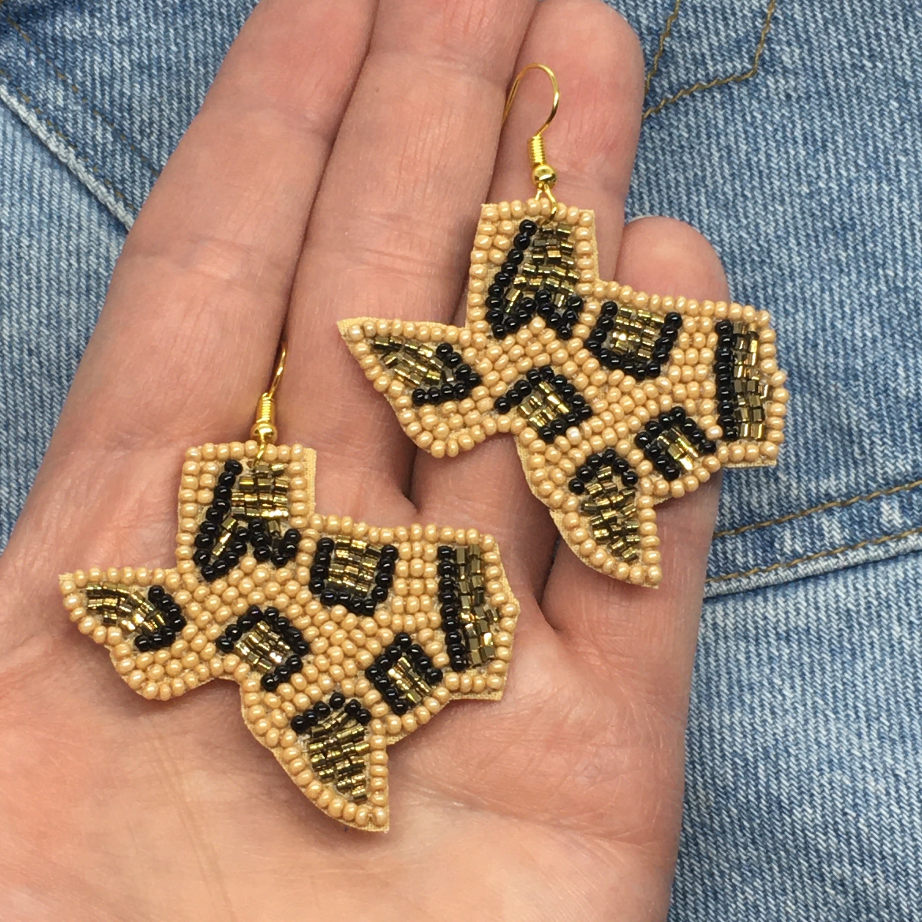 "Texas Strong" Seed Bead Animal Print Statement Earrings--Beige, Handmade