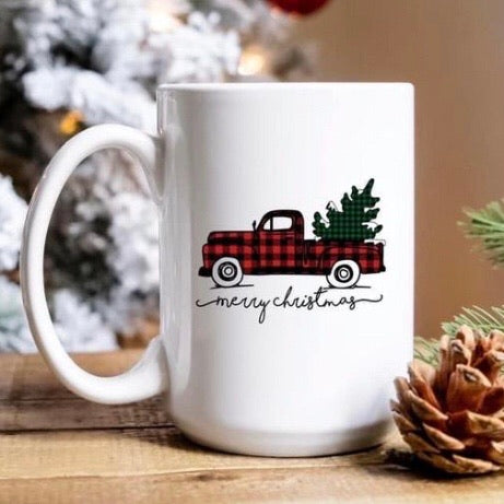 "Merry Christmas" Buffalo Plaid  Farm Truck Mug