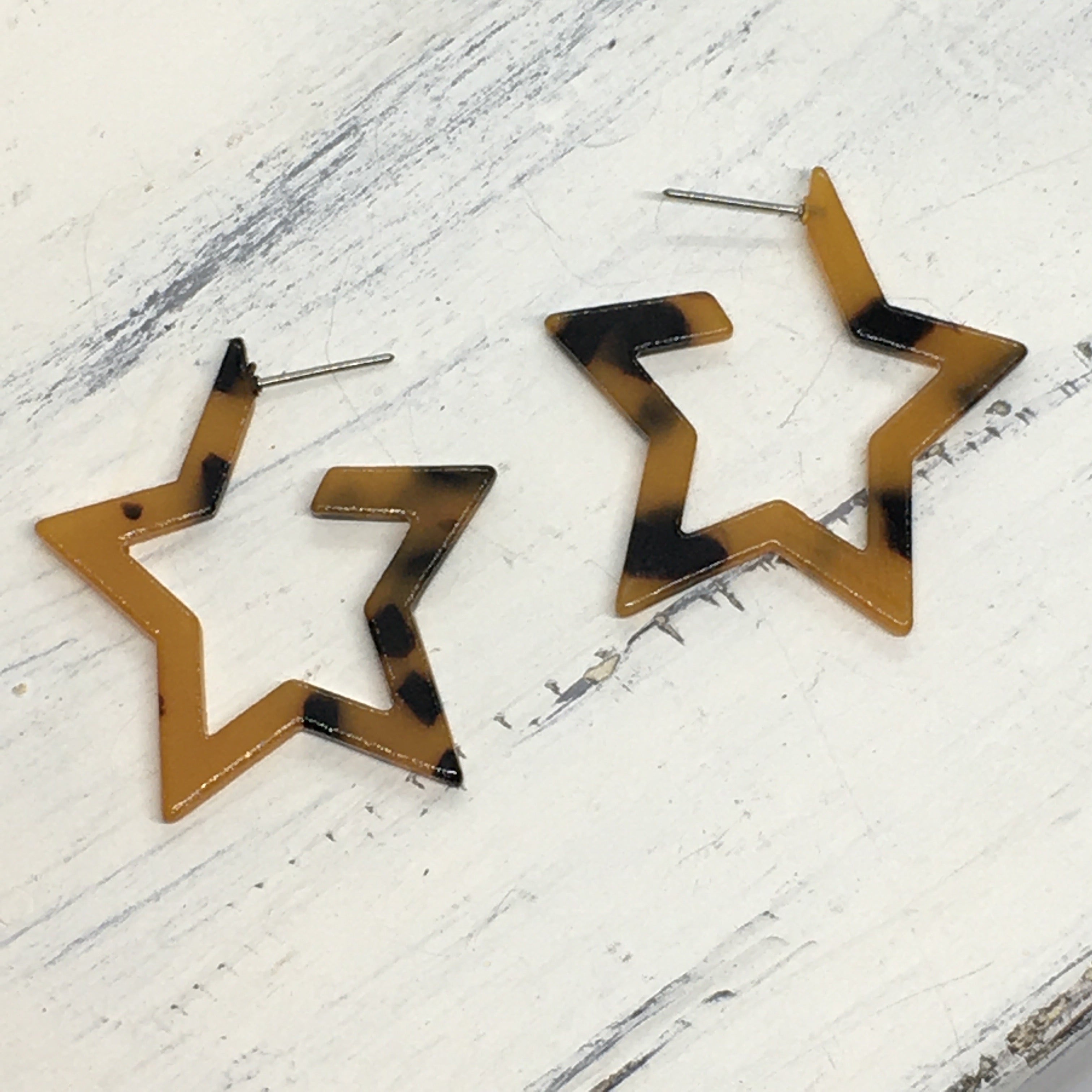 "Starry Night" Tortoiseshell Acrylic Resin Star Hoop Statement Earrings