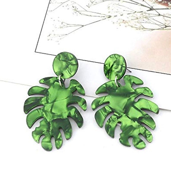 "Monique" Boho Chic Acrylic Resin Variegated Monstera Leaf Statement Earrings
