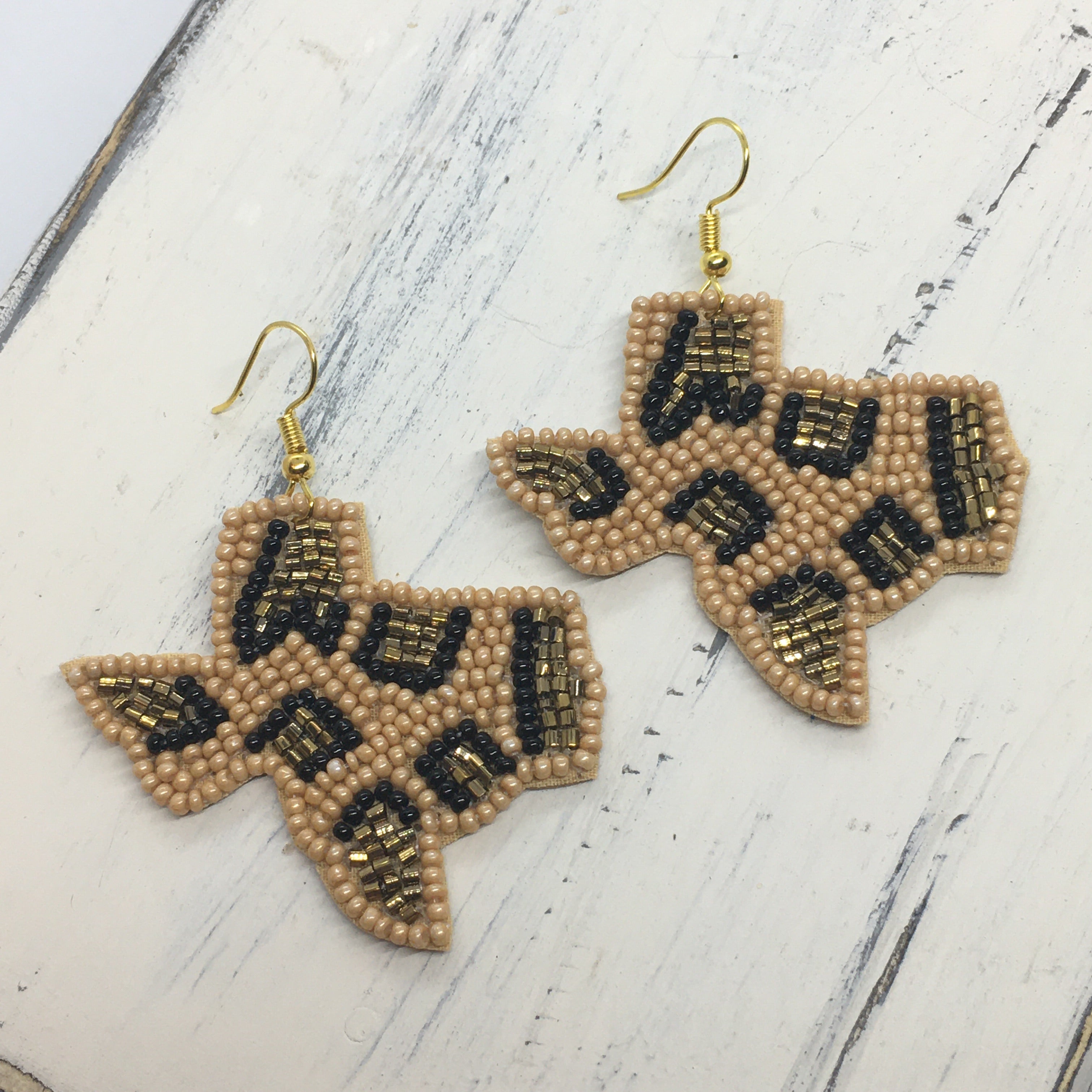 "Texas Strong" Seed Bead Animal Print Statement Earrings--Beige, Handmade
