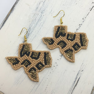"Texas Strong" Seed Bead Animal Print Statement Earrings--Beige, Handmade