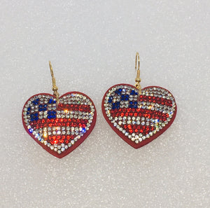 "America the Beautiful" Rhinestone USA Flag Heart Drop Earrings