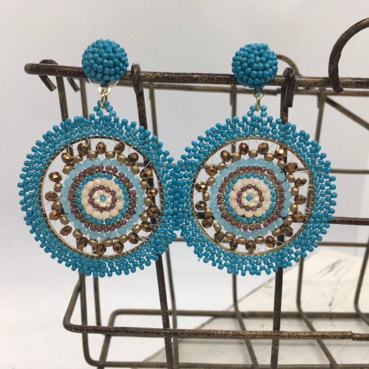 "First Prize" Seed Bead Medallion Statement Earrings, Handcrafted--Turquoise