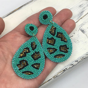 "Serengeti" Animal Print Seed Bead Teardrop Statement Earrings--Turquoise, Handmade