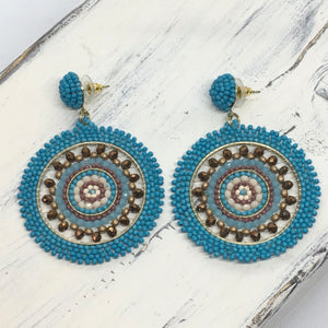 "First Prize" Seed Bead Medallion Statement Earrings, Handcrafted--Turquoise
