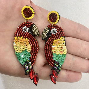 "Treasure Isle" Parrot Macaw Tropical Bird Bead & Sequin Statement Earrings--Handcrafted