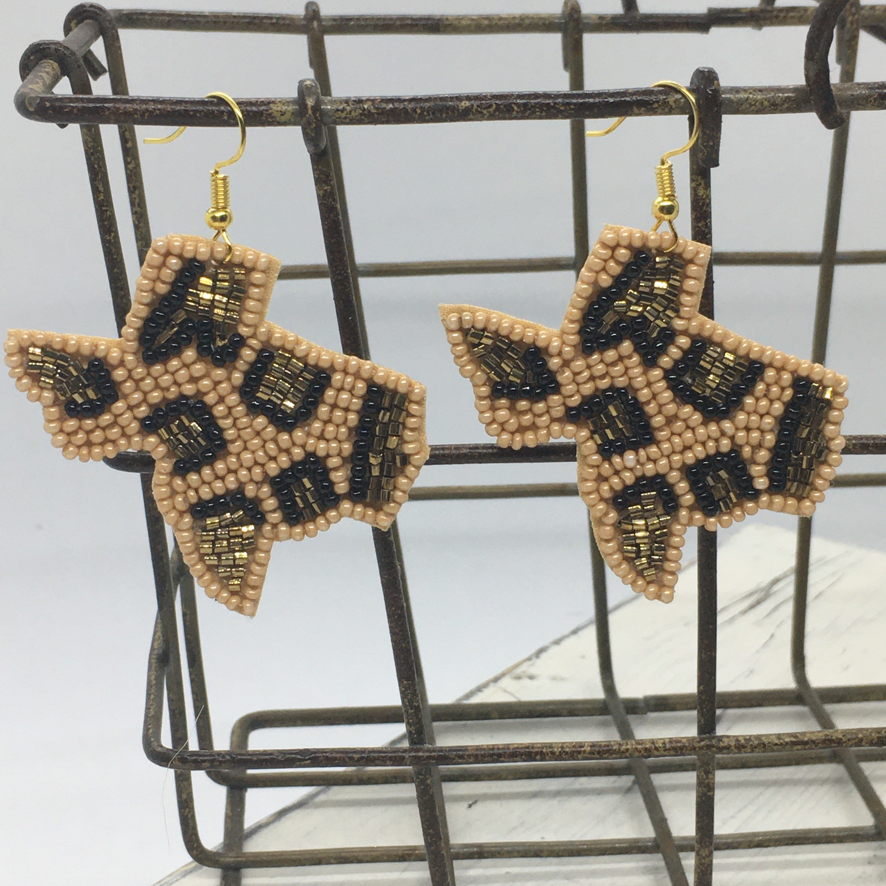 "Texas Strong" Seed Bead Animal Print Statement Earrings--Beige, Handmade