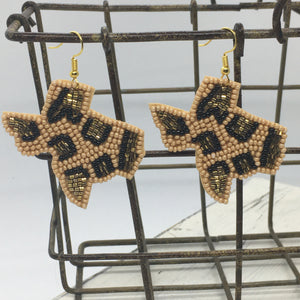 "Texas Strong" Seed Bead Animal Print Statement Earrings--Beige, Handmade