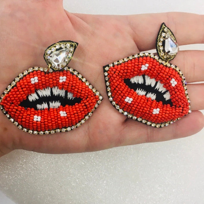 "Ruby Red" Retro Lips Seed Bead Statement Earrings--Handmade