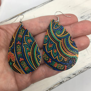 "Patrice" Boho Chic Paisley Faux Leather Statement Earrings--Black/Blue/Multi