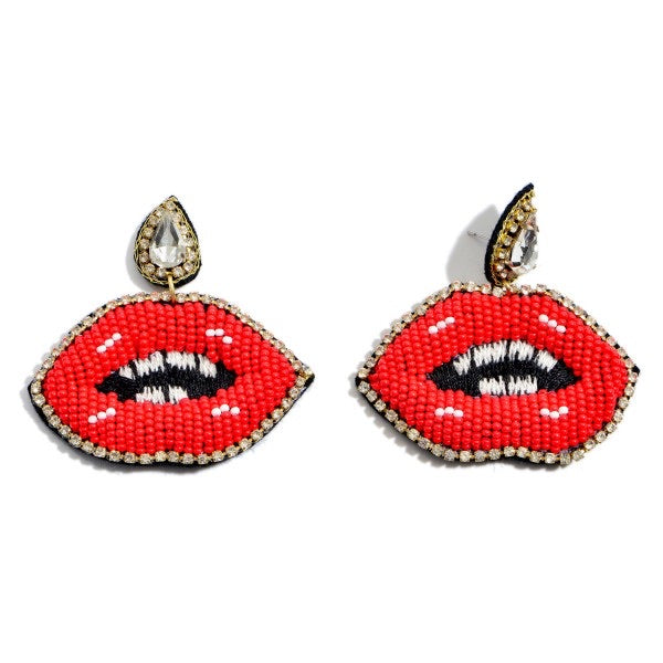 "Ruby Red" Retro Lips Seed Bead Statement Earrings--Handmade