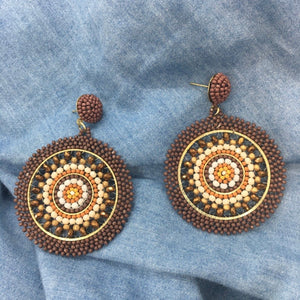 "First Prize" Seed Bead Medallion Statement Earrings, Handmade--Brown