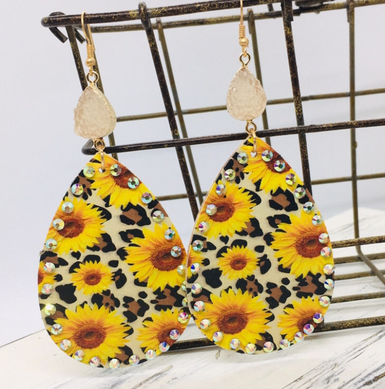 "Sunflowers & Rhinestones" Leopard Print Faux Leather Large Statement Earrings--Turquoise