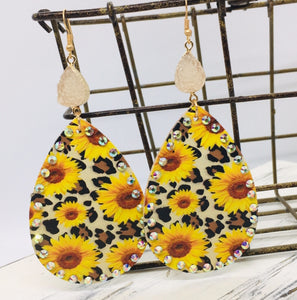 "Sunflowers & Rhinestones" Leopard Print Faux Leather Large Statement Earrings--Turquoise