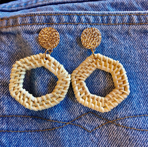 "Rosalind" Hexagon Rattan Dangle Statement Post Earrings--Handmade