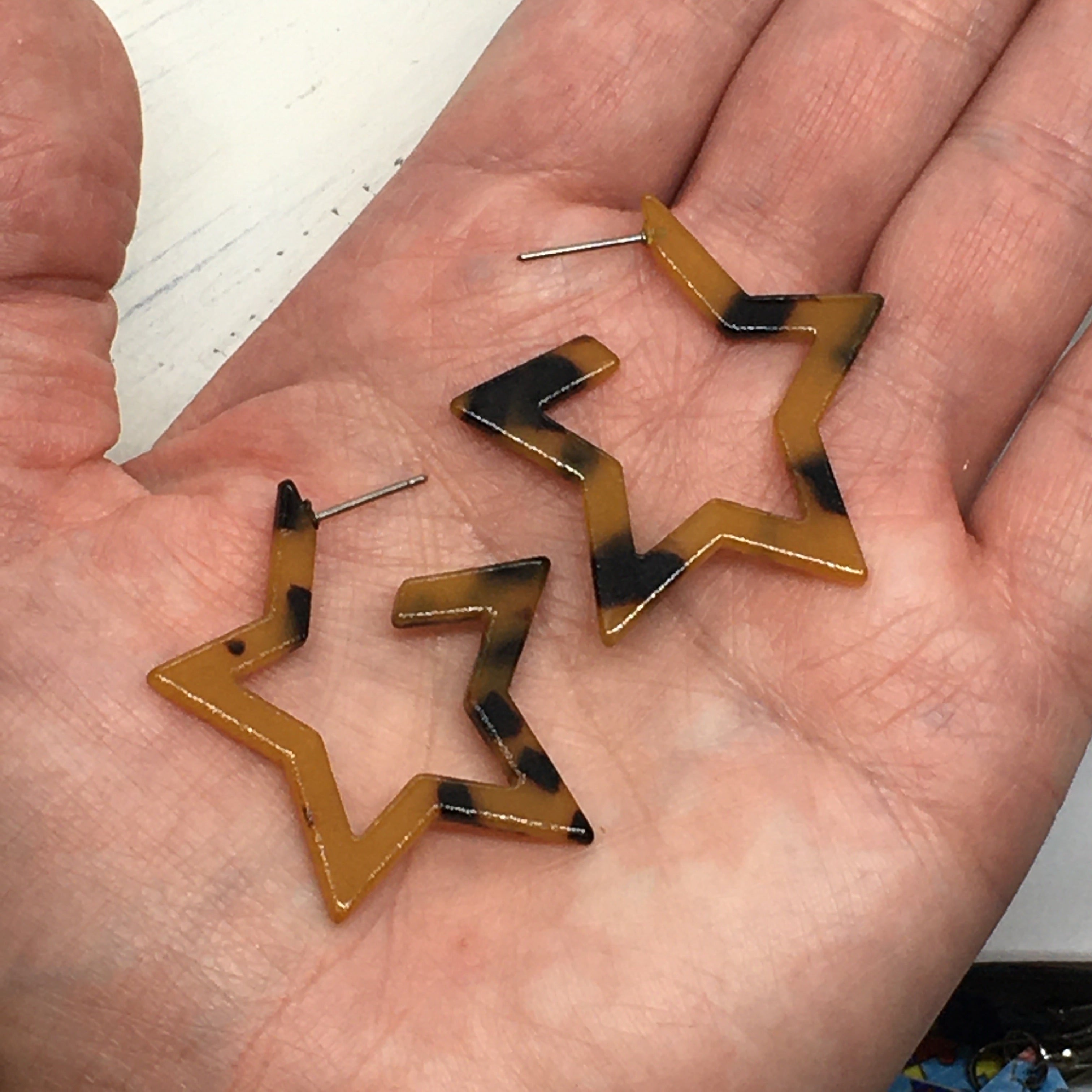 "Starry Night" Tortoiseshell Acrylic Resin Star Hoop Statement Earrings