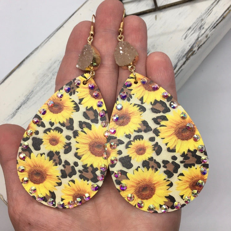 "Sunflowers & Rhinestones" Boho Chic Leopard Print Faux Leather Large Teardrop Statement Earrings--Cream, Handcrafted