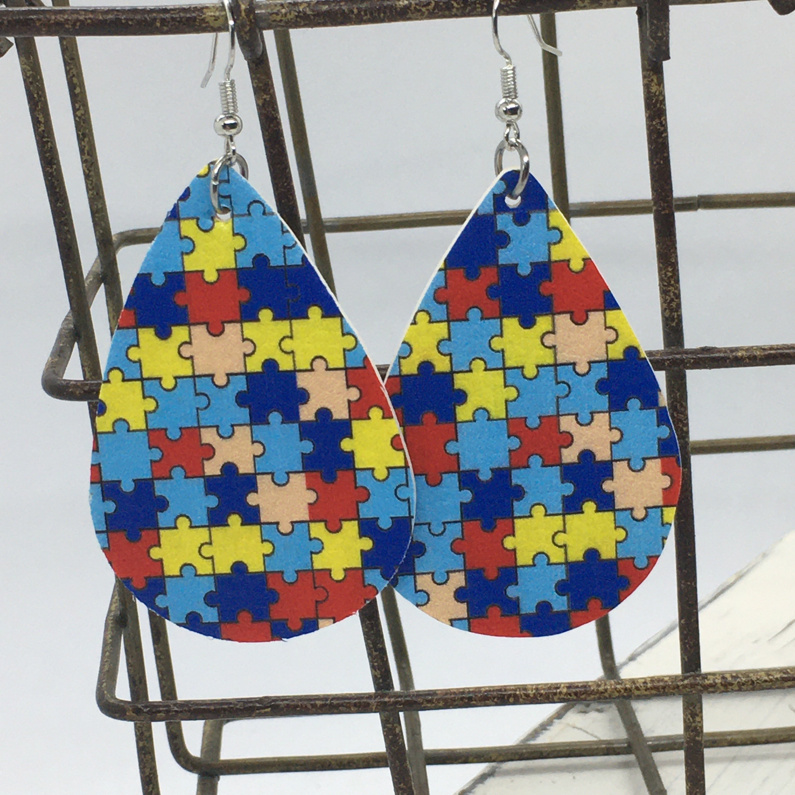"Autism Awareness" Puzzle Pieces Faux Leather Earrings, Handcrafted