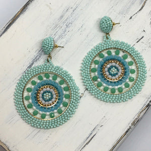 "First Prize" Seed Bead Medallion Statement Earrings, Handmade--Mint Green