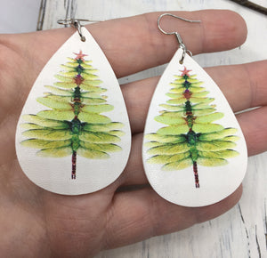 "A Natural Christmas" Dragonflies Christmas Tree Faux Leather Earrings