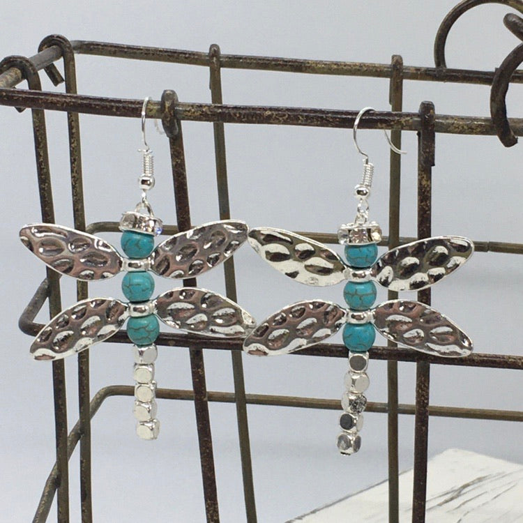 "Whimsy" Dragonfly Silver & Turquoise Hammered Metal Earrings
