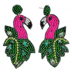 "Florine" Flamingo Seed Beads & Rhinestones Statement Earrings--Fuchsia, Handcrafted