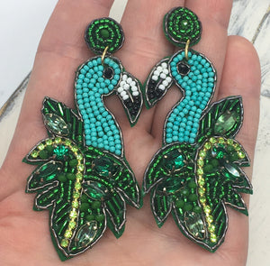 "Florine" Flamingo Seed Beads & Rhinestones Statement Earrings--Fuchsia, Handcrafted