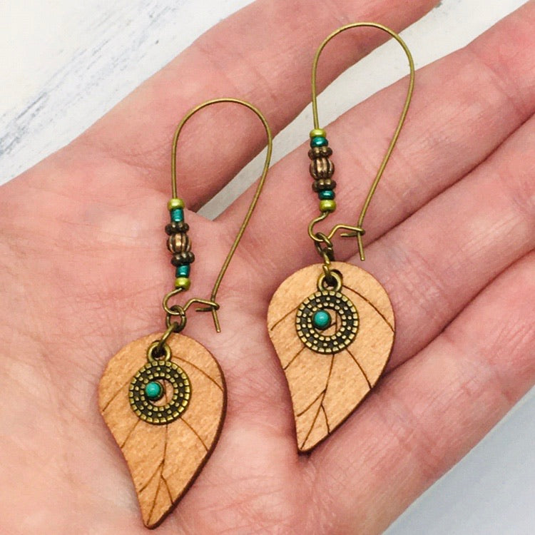 "Wynona" Boho Chic Wood Leaf Antique Bronze Earrings