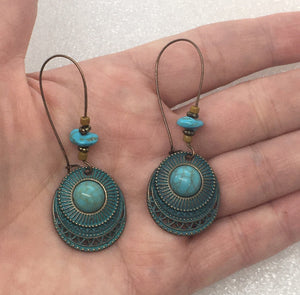 “Peyton" Boho Chic Tibetan Blue Green Turquoise Vintage Drop Statement Earrings