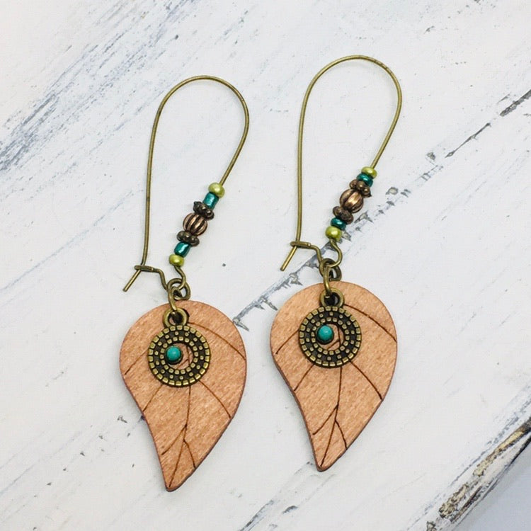 "Wynona" Boho Chic Wood Leaf Antique Bronze Earrings