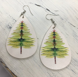 "A Natural Christmas" Dragonflies Christmas Tree Faux Leather Earrings