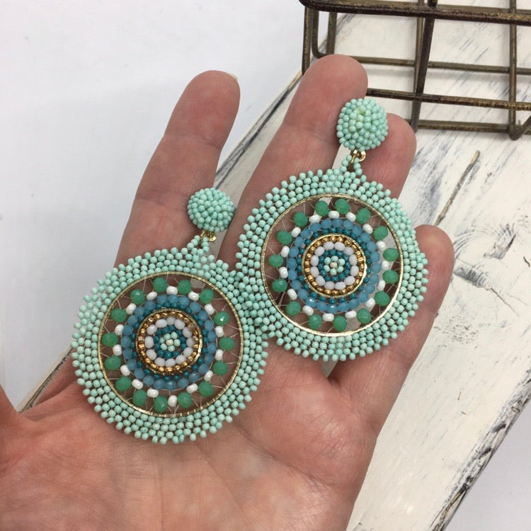 "First Prize" Seed Bead Medallion Statement Earrings, Handmade--Mint Green