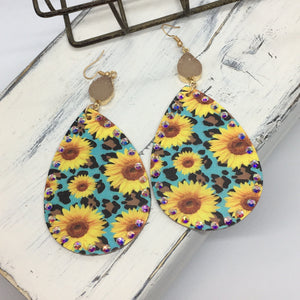 "Sunflowers & Rhinestones" Leopard Print Faux Leather Large Statement Earrings--Turquoise